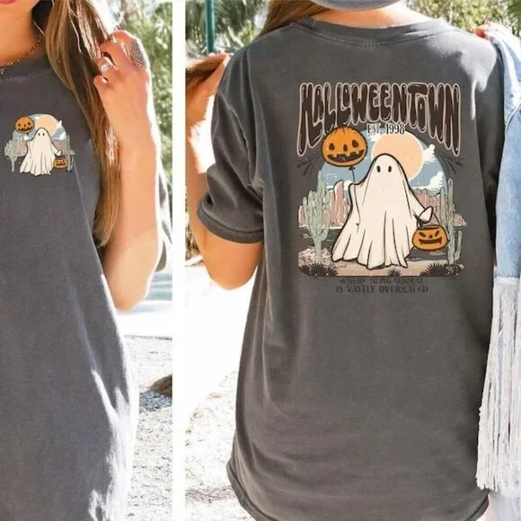 Halloween Ghost Tee, Halloween Pumpkin Shirt, Halloween Vibes Shirts 2 sided - Picture 2 of 5
